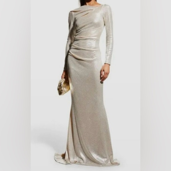 Talbot Runhof champagne colored long sleeve metallic full length gown. Size 8/38 - Picture 1 of 9